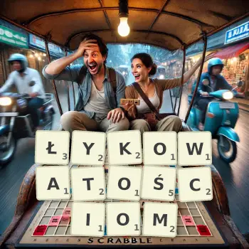 Kreatywna ilustracja do gry w Scrabble ze słowem ŁYKOWATOŚCIOM ułożonym z płytek na planszy.