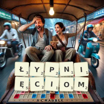Kreatywna ilustracja do gry w Scrabble ze słowem ŁYPNIĘCIOM ułożonym z płytek na planszy.