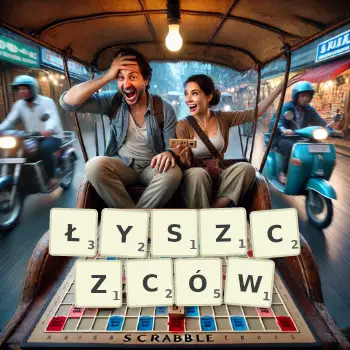 Kreatywna ilustracja do gry w Scrabble ze słowem ŁYSZCZCÓW ułożonym z płytek na planszy.