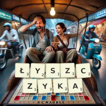 Kreatywna ilustracja do gry w Scrabble ze słowem ŁYSZCZYKA ułożonym z płytek na planszy.