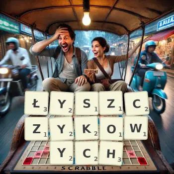 Kreatywna ilustracja do gry w Scrabble ze słowem ŁYSZCZYKOWYCH ułożonym z płytek na planszy.