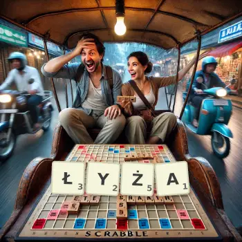 Kreatywna ilustracja do gry w Scrabble ze słowem ŁYŻA ułożonym z płytek na planszy.