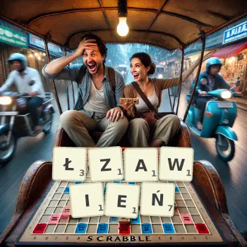 Kreatywna ilustracja do gry w Scrabble ze słowem ŁZAWIEŃ ułożonym z płytek na planszy.