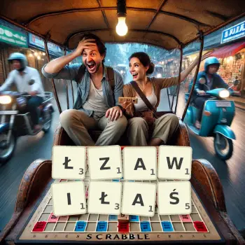 Kreatywna ilustracja do gry w Scrabble ze słowem ŁZAWIŁAŚ ułożonym z płytek na planszy.