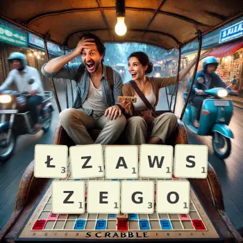 Kreatywna ilustracja do gry w Scrabble ze słowem ŁZAWSZEGO ułożonym z płytek na planszy.