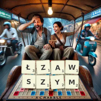 Kreatywna ilustracja do gry w Scrabble ze słowem ŁZAWSZYM ułożonym z płytek na planszy.