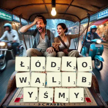 Kreatywna ilustracja do gry w Scrabble ze słowem ŁÓDKOWALIBYŚMY ułożonym z płytek na planszy.