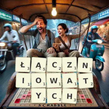 Kreatywna ilustracja do gry w Scrabble ze słowem ŁĄCZNIOWATYCH ułożonym z płytek na planszy.