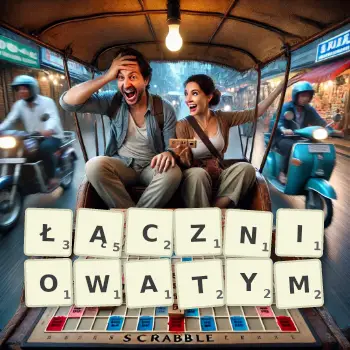 Kreatywna ilustracja do gry w Scrabble ze słowem ŁĄCZNIOWATYM ułożonym z płytek na planszy.