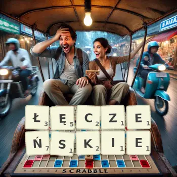 Kreatywna ilustracja do gry w Scrabble ze słowem ŁĘCZEŃSKIE ułożonym z płytek na planszy.