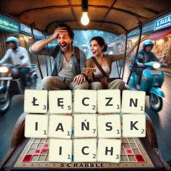Kreatywna ilustracja do gry w Scrabble ze słowem ŁĘCZNIAŃSKICH ułożonym z płytek na planszy.