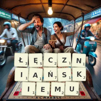 Kreatywna ilustracja do gry w Scrabble ze słowem ŁĘCZNIAŃSKIEMU ułożonym z płytek na planszy.