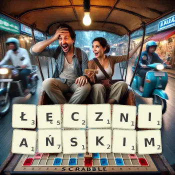Kreatywna ilustracja do gry w Scrabble ze słowem ŁĘCZNIAŃSKIM ułożonym z płytek na planszy.