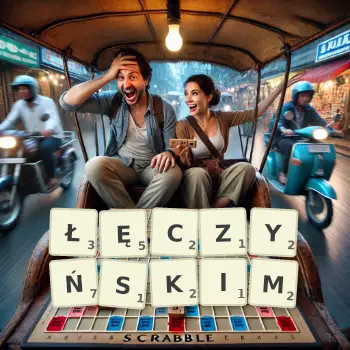 Kreatywna ilustracja do gry w Scrabble ze słowem ŁĘCZYŃSKIM ułożonym z płytek na planszy.