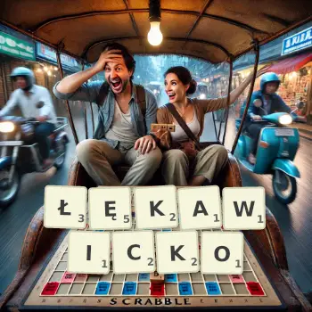 Kreatywna ilustracja do gry w Scrabble ze słowem ŁĘKAWICKO ułożonym z płytek na planszy.