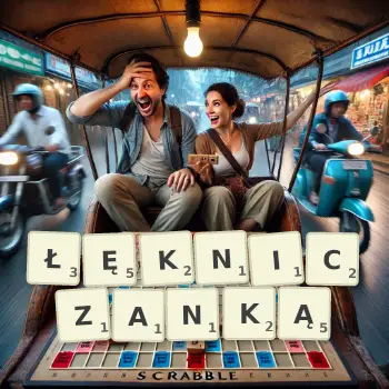 Kreatywna ilustracja do gry w Scrabble ze słowem ŁĘKNICZANKĄ ułożonym z płytek na planszy.