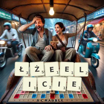 Kreatywna ilustracja do gry w Scrabble ze słowem ŁŻEELICIE ułożonym z płytek na planszy.