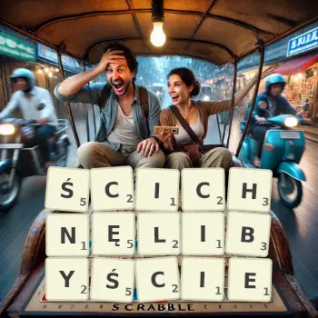 Kreatywna ilustracja do gry w Scrabble ze słowem ŚCICHNĘLIBYŚCIE ułożonym z płytek na planszy.