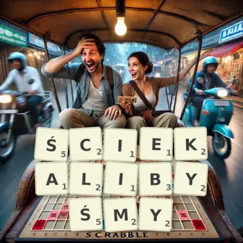 Kreatywna ilustracja do gry w Scrabble ze słowem ŚCIEKALIBYŚMY ułożonym z płytek na planszy.