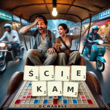 Kreatywna ilustracja do gry w Scrabble ze słowem ŚCIEKAM ułożonym z płytek na planszy.