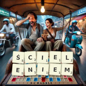 Kreatywna ilustracja do gry w Scrabble ze słowem ŚCIELENIEM ułożonym z płytek na planszy.