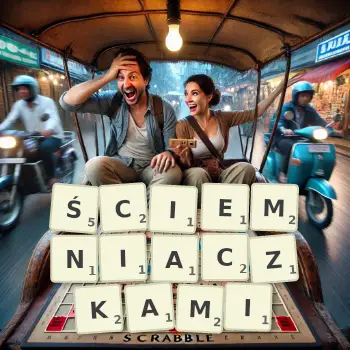 Kreatywna ilustracja do gry w Scrabble ze słowem ŚCIEMNIACZKAMI ułożonym z płytek na planszy.