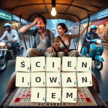 Kreatywna ilustracja do gry w Scrabble ze słowem ŚCIENIOWANIEM ułożonym z płytek na planszy.