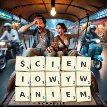 Kreatywna ilustracja do gry w Scrabble ze słowem ŚCIENIOWYWANIEM ułożonym z płytek na planszy.