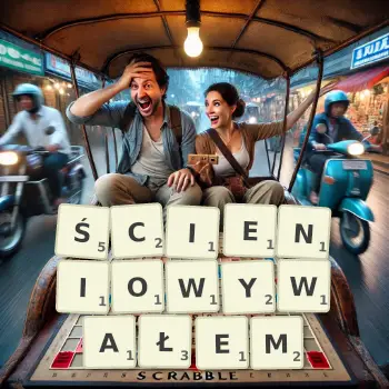 Kreatywna ilustracja do gry w Scrabble ze słowem ŚCIENIOWYWAŁEM ułożonym z płytek na planszy.