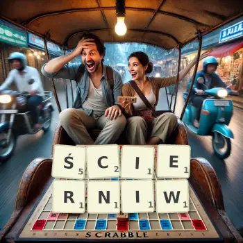 Kreatywna ilustracja do gry w Scrabble ze słowem ŚCIERNIW ułożonym z płytek na planszy.