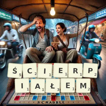 Kreatywna ilustracja do gry w Scrabble ze słowem ŚCIERPIAŁEM ułożonym z płytek na planszy.