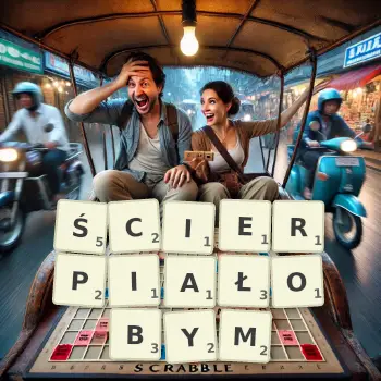 Kreatywna ilustracja do gry w Scrabble ze słowem ŚCIERPIAŁOBYM ułożonym z płytek na planszy.