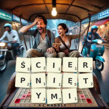 Kreatywna ilustracja do gry w Scrabble ze słowem ŚCIERPNIĘTYMI ułożonym z płytek na planszy.