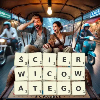 Kreatywna ilustracja do gry w Scrabble ze słowem ŚCIERWICOWATEGO ułożonym z płytek na planszy.