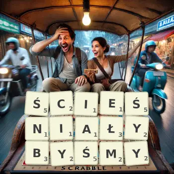 Kreatywna ilustracja do gry w Scrabble ze słowem ŚCIEŚNIAŁYBYŚMY ułożonym z płytek na planszy.