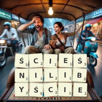 Kreatywna ilustracja do gry w Scrabble ze słowem ŚCIEŚNILIBYŚCIE ułożonym z płytek na planszy.