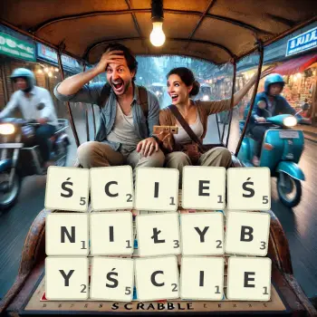 Kreatywna ilustracja do gry w Scrabble ze słowem ŚCIEŚNIŁYBYŚCIE ułożonym z płytek na planszy.