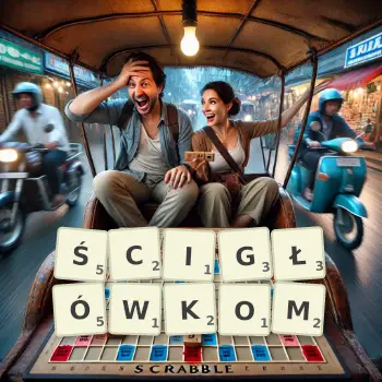 Kreatywna ilustracja do gry w Scrabble ze słowem ŚCIGŁÓWKOM ułożonym z płytek na planszy.