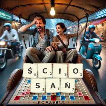 Kreatywna ilustracja do gry w Scrabble ze słowem ŚCIOSAŃ ułożonym z płytek na planszy.