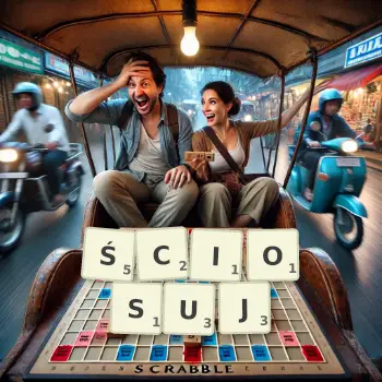 Kreatywna ilustracja do gry w Scrabble ze słowem ŚCIOSUJ ułożonym z płytek na planszy.