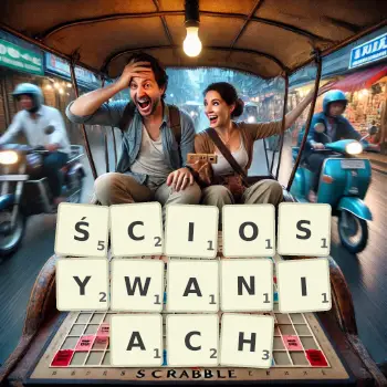 Kreatywna ilustracja do gry w Scrabble ze słowem ŚCIOSYWANIACH ułożonym z płytek na planszy.