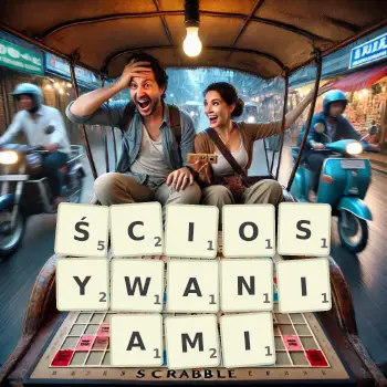 Kreatywna ilustracja do gry w Scrabble ze słowem ŚCIOSYWANIAMI ułożonym z płytek na planszy.