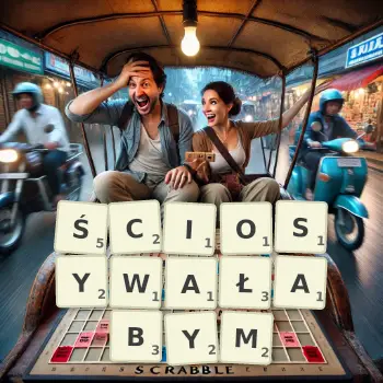 Kreatywna ilustracja do gry w Scrabble ze słowem ŚCIOSYWAŁABYM ułożonym z płytek na planszy.