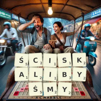 Kreatywna ilustracja do gry w Scrabble ze słowem ŚCISKALIBYŚMY ułożonym z płytek na planszy.