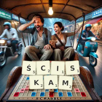 Kreatywna ilustracja do gry w Scrabble ze słowem ŚCISKAM ułożonym z płytek na planszy.