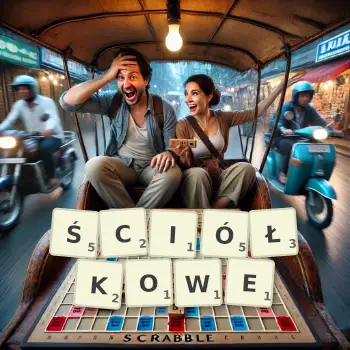 Kreatywna ilustracja do gry w Scrabble ze słowem ŚCIÓŁKOWE ułożonym z płytek na planszy.