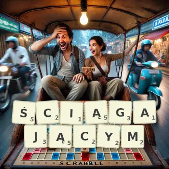 Kreatywna ilustracja do gry w Scrabble ze słowem ŚCIĄGAJĄCYM ułożonym z płytek na planszy.