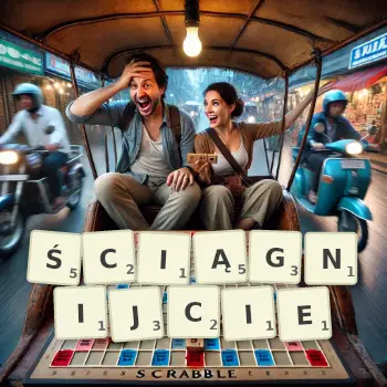 Kreatywna ilustracja do gry w Scrabble ze słowem ŚCIĄGNIJCIE ułożonym z płytek na planszy.