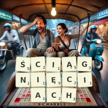 Kreatywna ilustracja do gry w Scrabble ze słowem ŚCIĄGNIĘCIACH ułożonym z płytek na planszy.