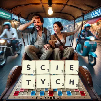 Kreatywna ilustracja do gry w Scrabble ze słowem ŚCIĘTYCH ułożonym z płytek na planszy.